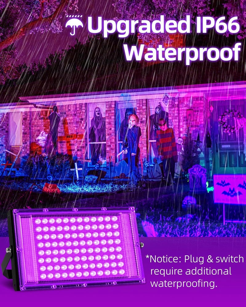 THECHAM Store 100W LED Black Lights IP66 Waterproof Black Light Outdoor with 5.9ft Plug+Switch,Flood Blacklight for Halloween Glow in The Dark Party Stage Light Neon Glow Birthday 2 Pack - Image 2